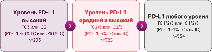 Основной конечной точкой была общая выживаемость (ОВ) в подгруппах, отобранных 
по уровню PD-L1